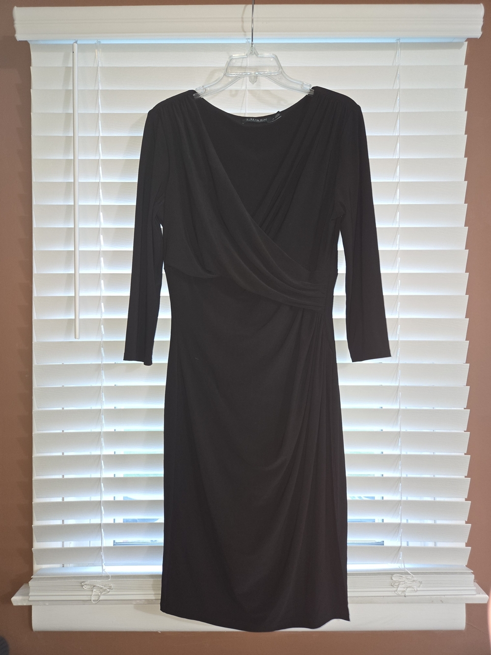 Ralph Lauren Black Draped Faux-Wrap Long Sleeve Midi Dress Size 12